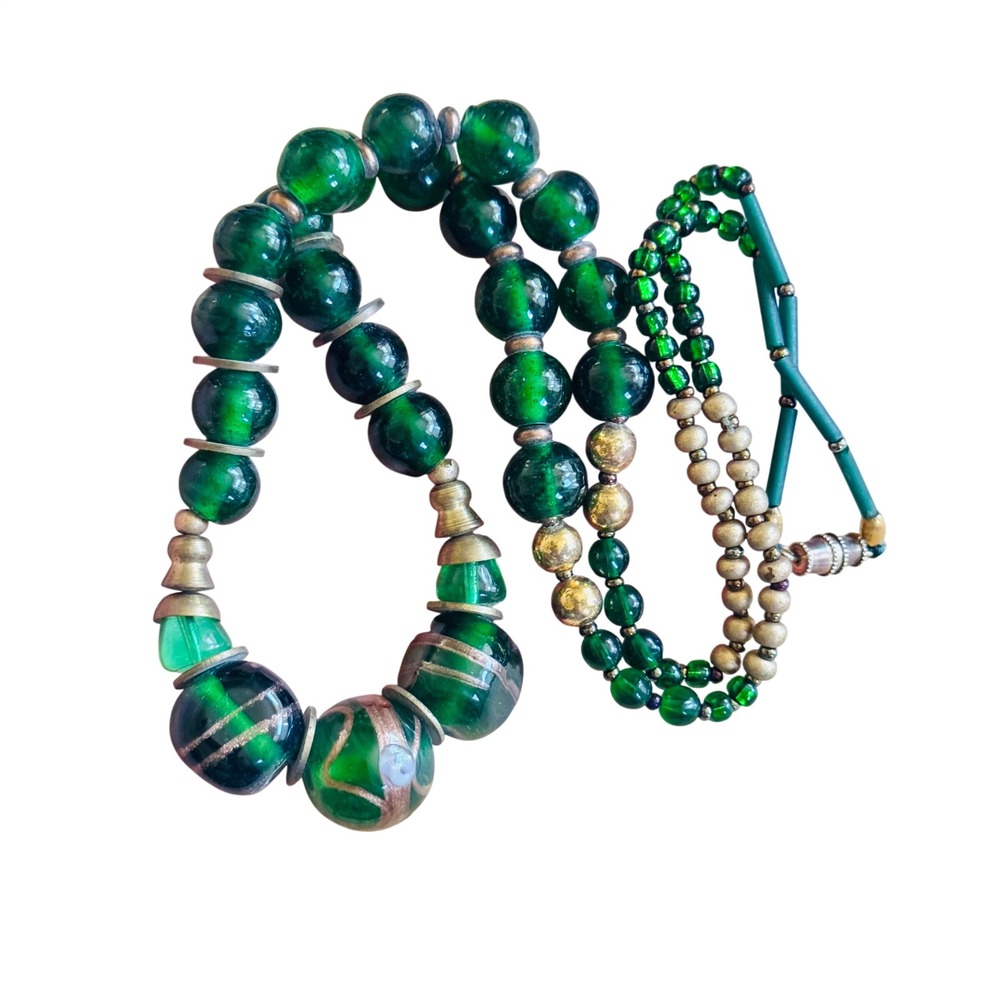 VTG Wedding Cake Necklace Venetian Glass Murano Italy Green Poured Beads Foil